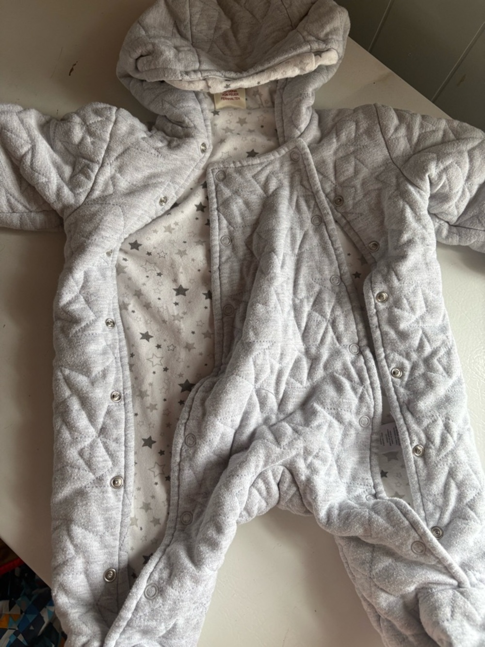 First Wish Gray Quilted Baby Snowsuit with Star Lining